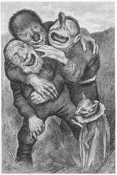 Three trolls laughing at a fox dressed up as a priest ! Date: 1887