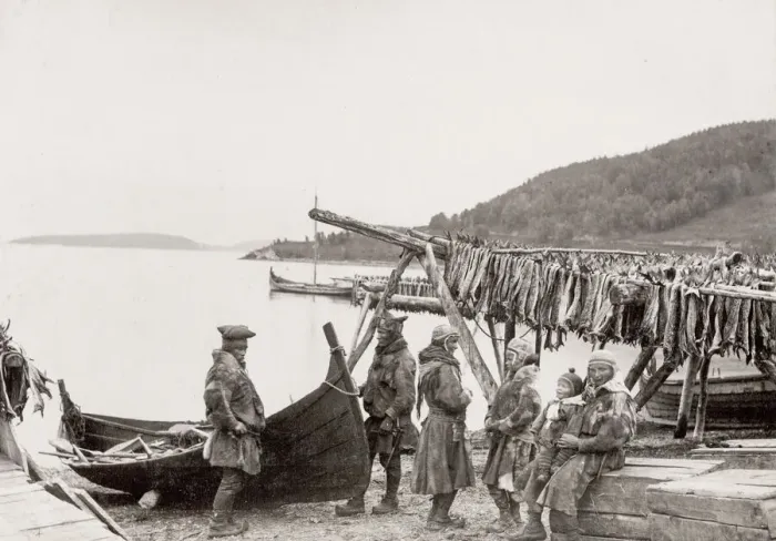 Framed Print : Tromso, Norway, fishermen with drying fish