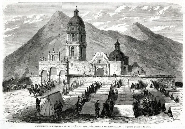 Framed Print : Troops camp at the Church of San Sebastian in Tecamachalco Framed Print : Troops camp at the Church of San Sebastian in Tecamachalco