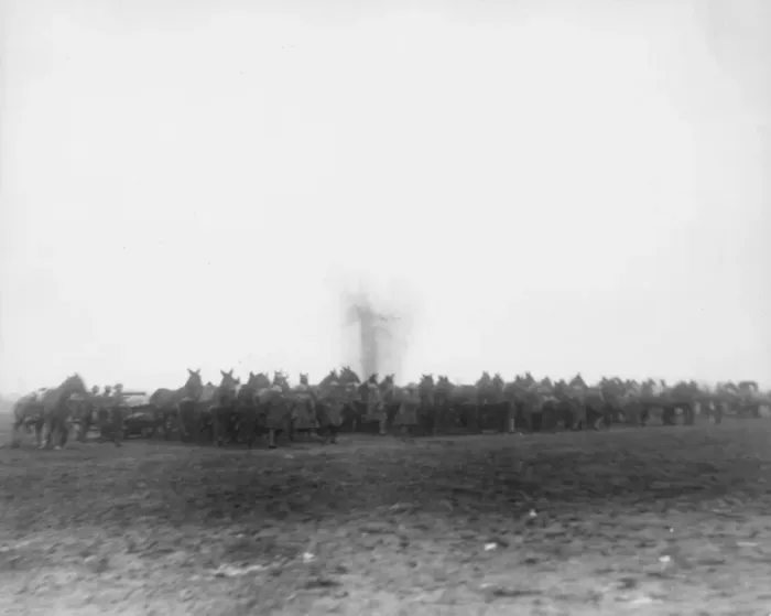 Framed Print : Troops and horses on a battlefield, WW1 Framed Print : Troops and horses on a battlefield, WW1