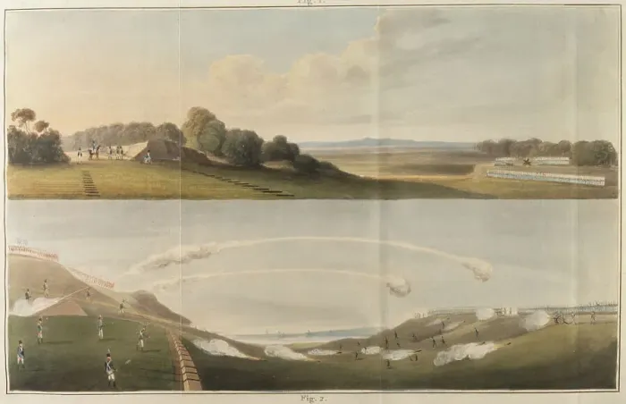 Framed Print : Troops lie in wait for the purpose of a rocket ambush; and Congreve rockets used for defence of an army post Date: 1827 Framed Print : Troops lie in wait for the purpose of a rocket ambush; and Congreve rockets used for defence of an army post Date: 1827