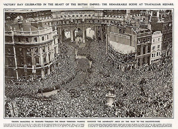 Troops marching in triumph through the dense crowds of people, passing the Admiralty Arch on the way to the saluting-base, to celebrate the end of World War One. Date: 19 July 1919