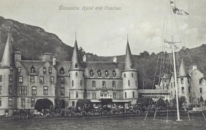 Framed Print : Trossachs Hotel with Coaches filled with tourists Framed Print : Trossachs Hotel with Coaches filled with tourists