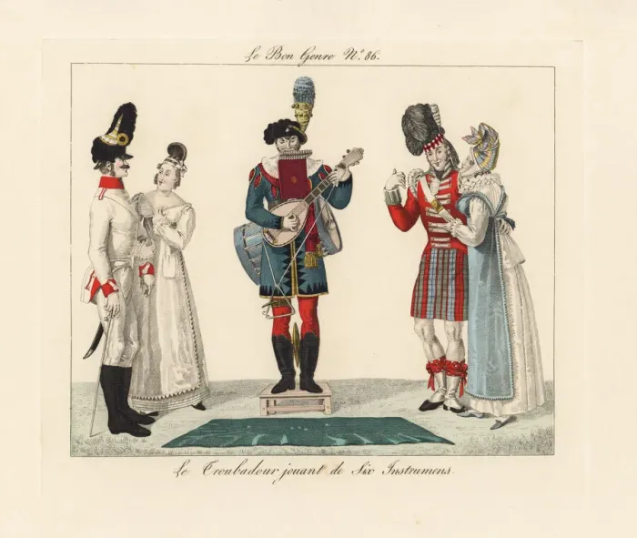 Framed Print : Troubadour playing on six instruments, 1815 Framed Print : Troubadour playing on six instruments, 1815