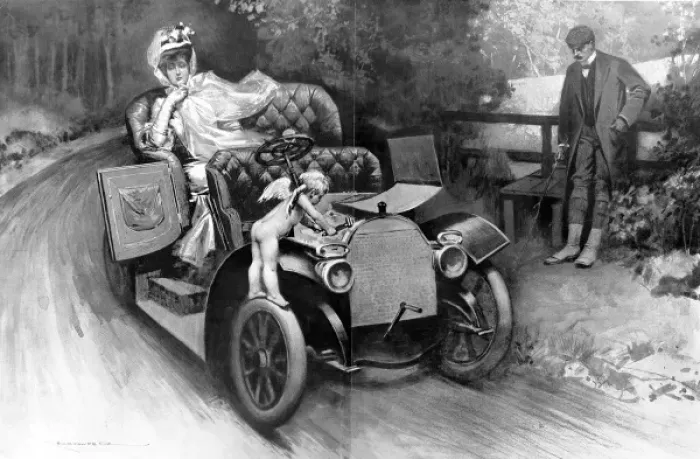 Framed Print : Trouble Somewhere; a cherub fixing a motor engine, 1906 Framed Print : Trouble Somewhere; a cherub fixing a motor engine, 1906