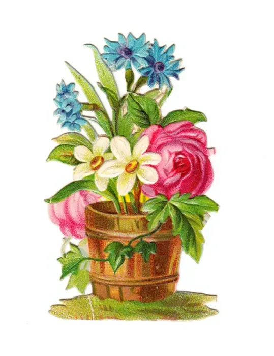 Framed Print : Tub of assorted flowers on a Victorian scrap Framed Print : Tub of assorted flowers on a Victorian scrap