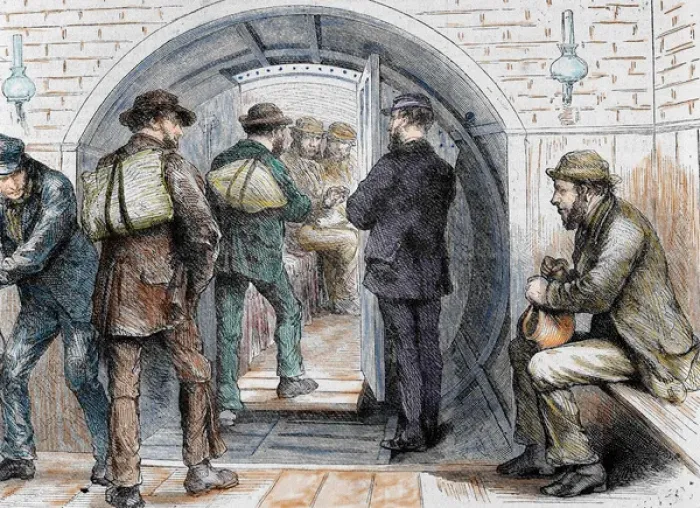 Framed Print : Tunnel in London. Workers going to their jobs. Colored engra Framed Print : Tunnel in London. Workers going to their jobs. Colored engra
