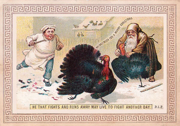 Turkey escaping the poulterer on a Christmas card
