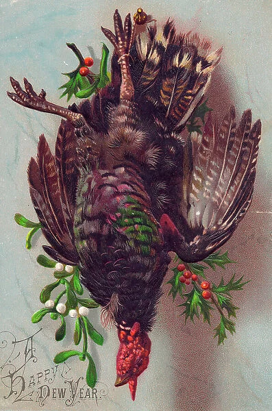 Turkey with holly and mistletoe on a New Year card