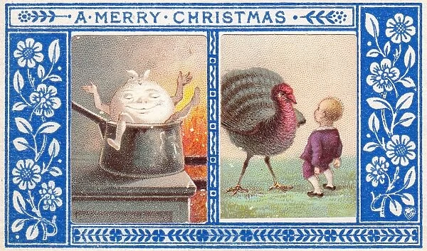 Turkey and pudding on a Christmas card