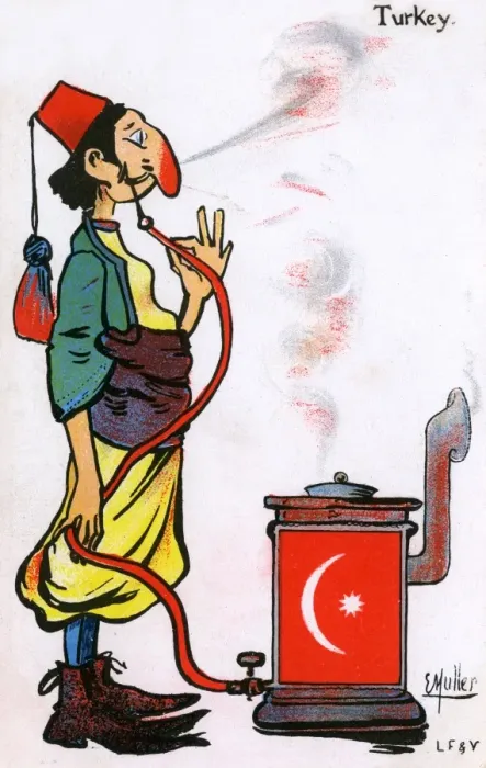 Framed Print : Turkish Archytype smoking a pipe conected to a stove