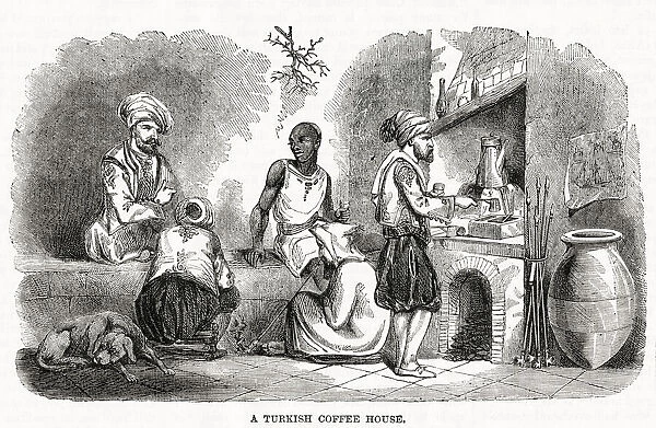 Turkish man making coffee on the hearth in small cups. Date: 1866