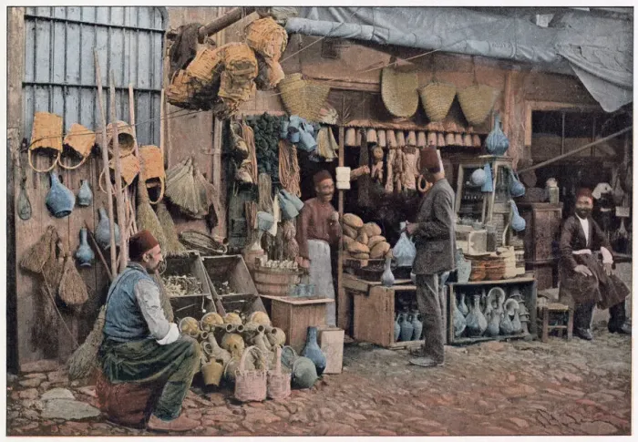 Framed Print : A Turkish stall selling brushes, baskets, pots and much more Date: 1890s Framed Print : A Turkish stall selling brushes, baskets, pots and much more Date: 1890s