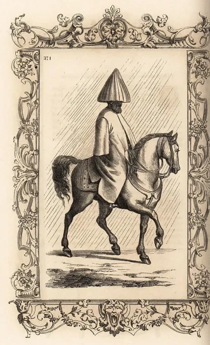 Framed Print : A Turkish's man method of riding in the rain, 16th century Framed Print : A Turkish's man method of riding in the rain, 16th century