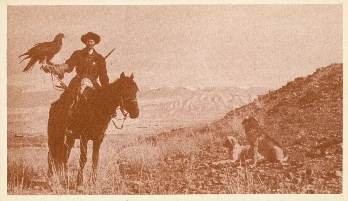 Framed Print : Turkmenistan - A hunter with his dogs and a golden eagle Framed Print : Turkmenistan - A hunter with his dogs and a golden eagle