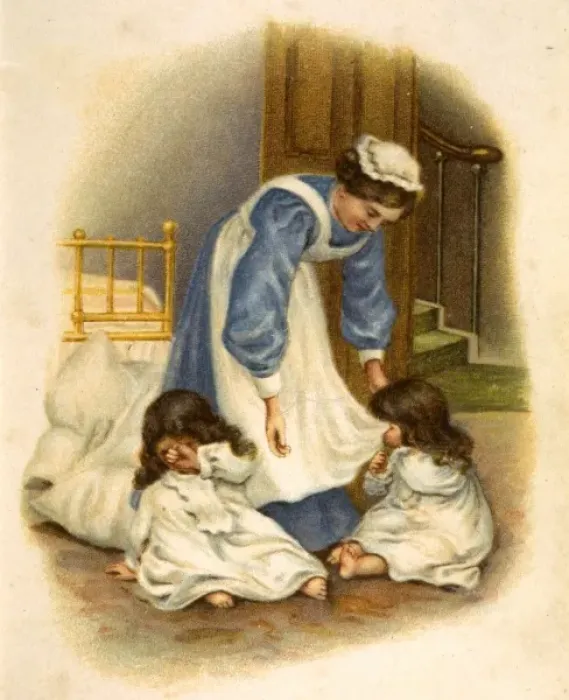 Framed Print : Twin girls and their nanny at bedtime Framed Print : Twin girls and their nanny at bedtime