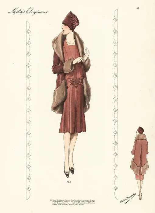 Framed Print : Two-piece ensemble: jacket of brown velvet with fur trim, chestn Framed Print : Two-piece ensemble: jacket of brown velvet with fur trim, chestn