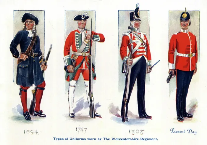 Framed Print : Four types of Uniforms worn by Worcestershire Regiment