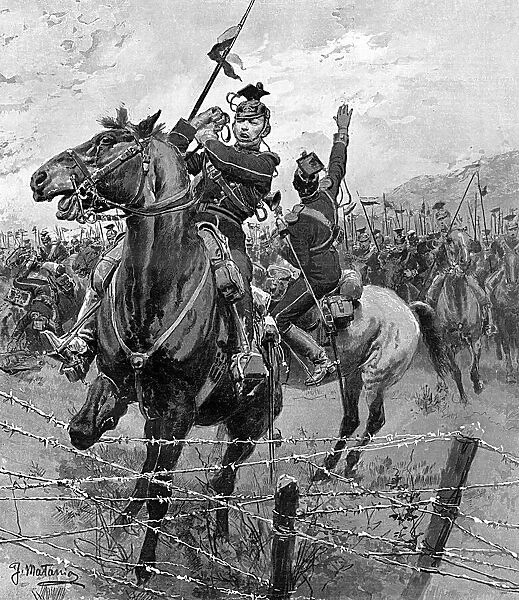 Uhlans at Liege. A detachment of German Uhlans charging a fort at Liege