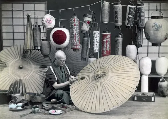 Framed Print : Umbrella maker, Japan, circa 1880s Framed Print : Umbrella maker, Japan, circa 1880s