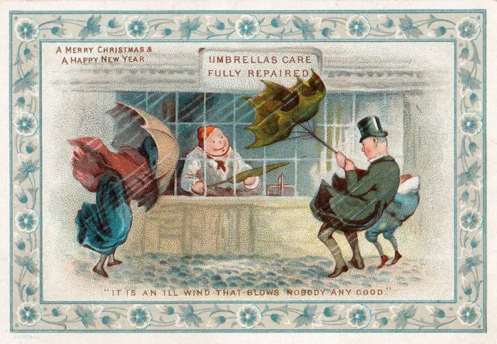 Framed Print : Umbrella repairs on a Christmas and New Year card Framed Print : Umbrella repairs on a Christmas and New Year card