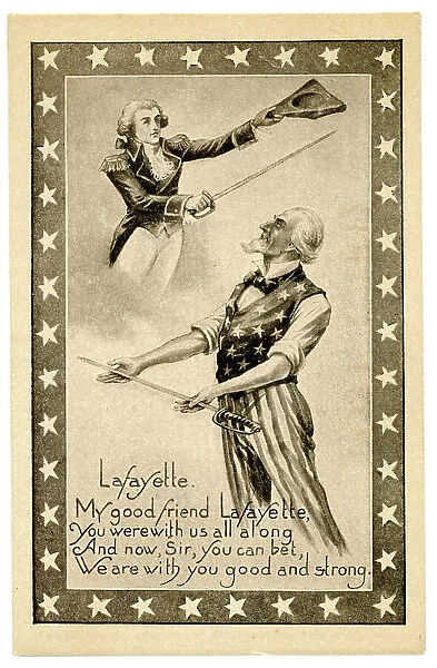 Uncle Sam figure promises help to Lafayette