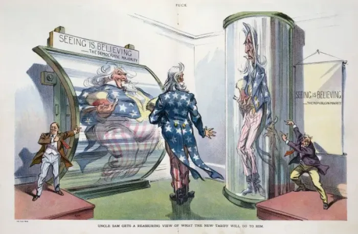 Framed Print : Uncle Sam gets a reassuring view of what the new tariff will Framed Print : Uncle Sam gets a reassuring view of what the new tariff will