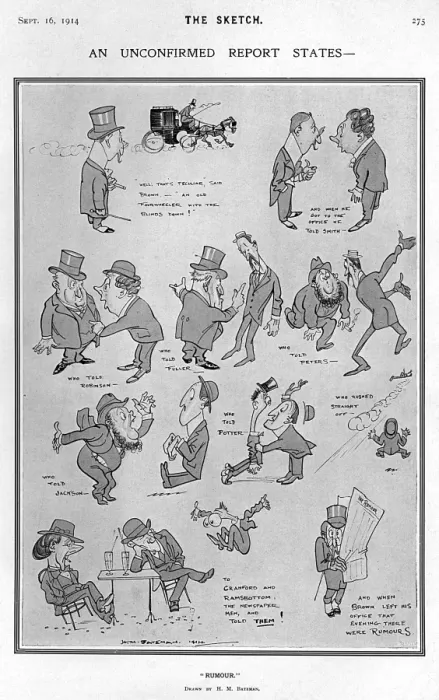 Framed Print : An Unconfirmed Report states - Rumours, H. M. Bateman, WW1 Framed Print : An Unconfirmed Report states - Rumours, H. M. Bateman, WW1