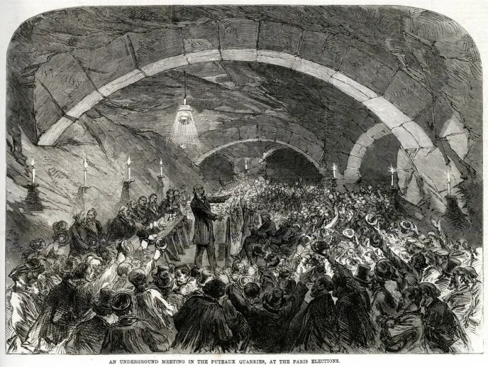 Framed Print : Underground Meeting in the Puteaux Quarries, Paris 1869 Framed Print : Underground Meeting in the Puteaux Quarries, Paris 1869