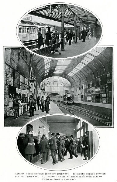 Underground railway, scenes from three stations, London