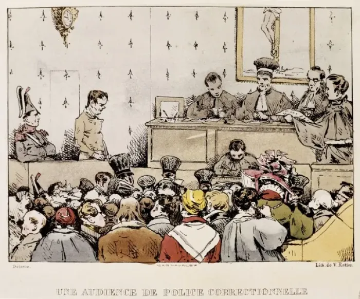 Framed Print : Une audience de police correcctionnelle. Illustration Framed Print : Une audience de police correcctionnelle. Illustration