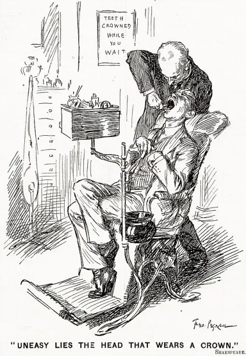 Framed Print : UNEASY LIES THE HEAD THAT WEARS A CROWN - In the dentist's chair Date: 1908 Framed Print : UNEASY LIES THE HEAD THAT WEARS A CROWN - In the dentist's chair Date: 1908
