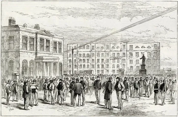 Framed Print : Unemployed waiting for work outside West India Dock in London. Date: 1886 Framed Print : Unemployed waiting for work outside West India Dock in London. Date: 1886