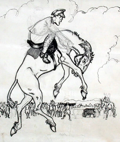 Unfinished cartoon sketch of bucking horse and rider