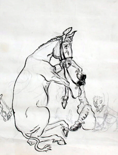 Unfinished cartoon sketch of horse and rider