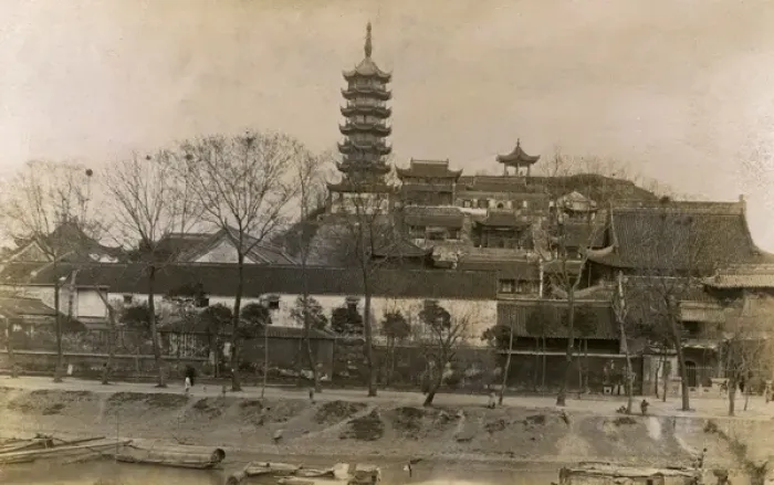 Framed Print : Unidentified Chinese Pagoda and riverside buildings Framed Print : Unidentified Chinese Pagoda and riverside buildings