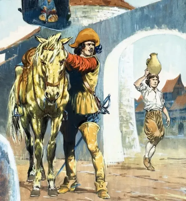 Framed Print : Unidentified picture of cavalier outside an inn with horse Framed Print : Unidentified picture of cavalier outside an inn with horse