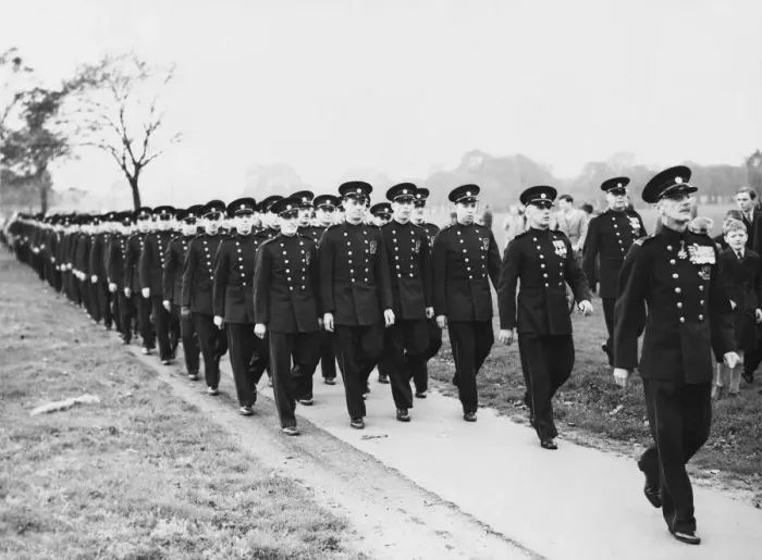 Framed Print : Uniformed men of the Auxiliary Fire Service marching to church Framed Print : Uniformed men of the Auxiliary Fire Service marching to church