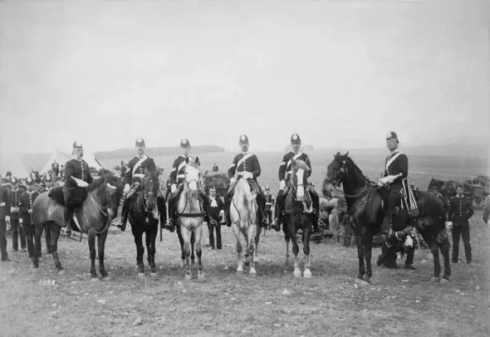 Framed Print : Uniformed men on horseback in a field Framed Print : Uniformed men on horseback in a field