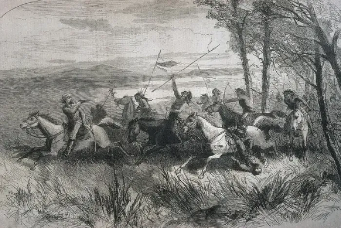 Framed Print : United States (19th c. ). Indian people attack in Framed Print : United States (19th c. ). Indian people attack in