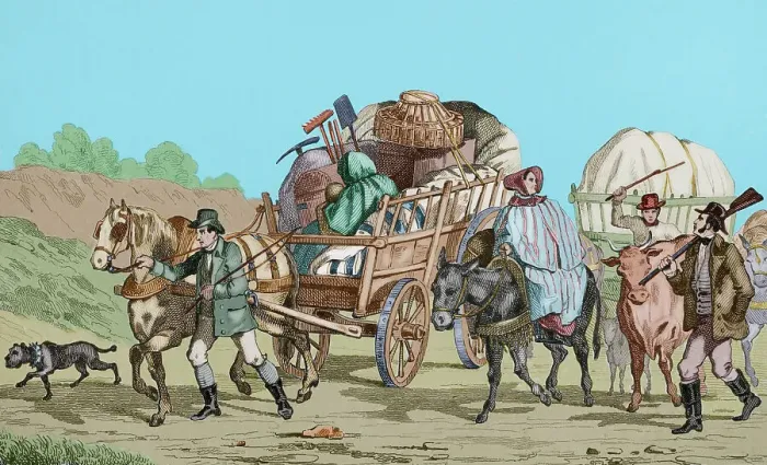 Framed Print : United States. Emigrants on carts heading out West Framed Print : United States. Emigrants on carts heading out West