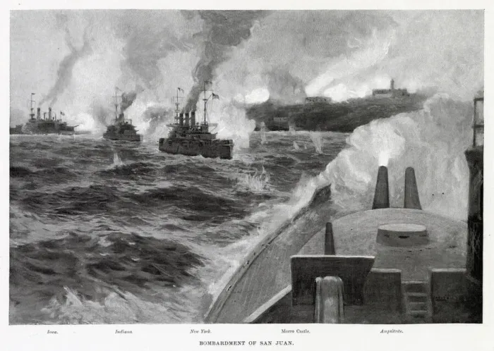 Framed Print : United States warships bombard San Juan, which will later be taken by the ground forces Framed Print : United States warships bombard San Juan, which will later be taken by the ground forces