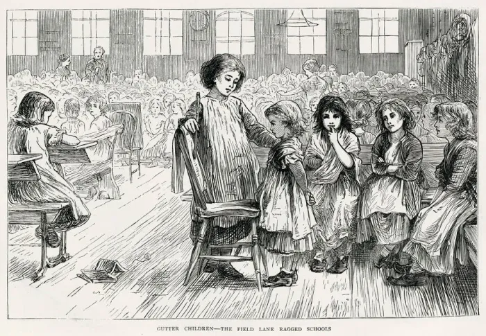 Framed Print : Unkempt girls receiving punishment from another older pupil at Field Lane Ragged School