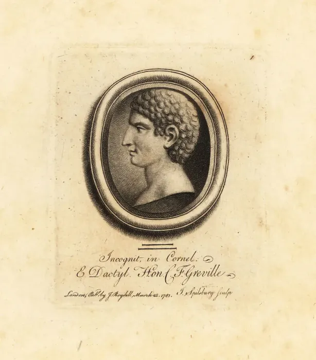 Framed Print : Unknown figure in profile in carnelian and dactylotheca Framed Print : Unknown figure in profile in carnelian and dactylotheca