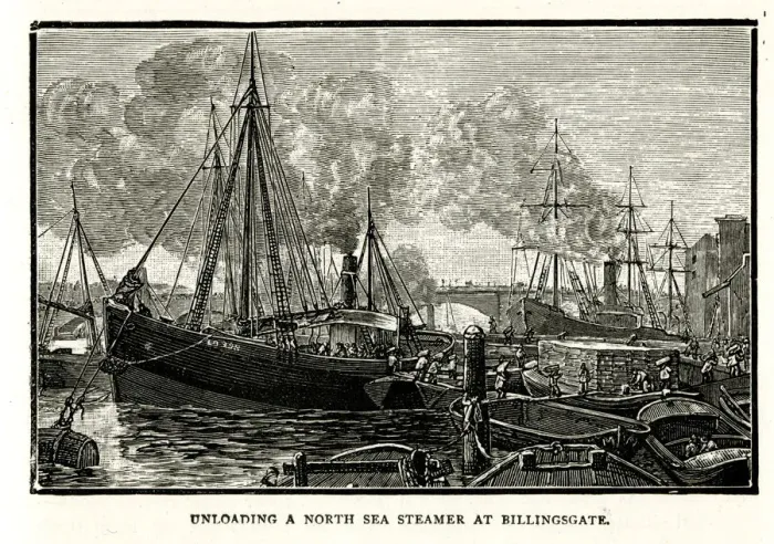 Framed Print : Unloading a North Sea Steamer at Billingsgate Framed Print : Unloading a North Sea Steamer at Billingsgate