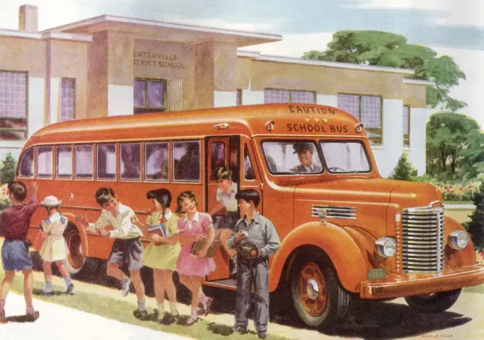 Framed Print : Unloading School Bus Date: 1948