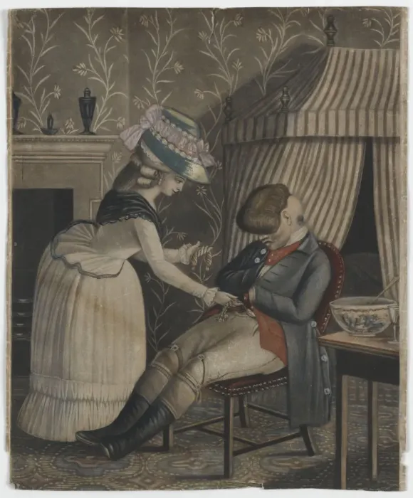 Framed Print : Print. An untitled mezzotint on paper, hand coloured with watercolour Framed Print : Print. An untitled mezzotint on paper, hand coloured with watercolour