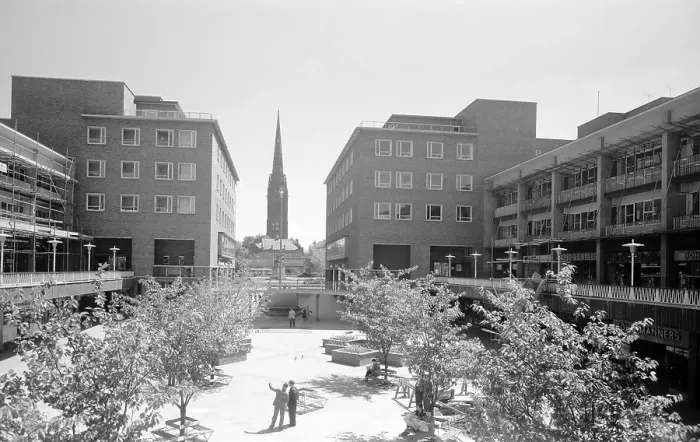 Framed Print : Upper Precinct, Coventry, West Midlands. General view of the shopping precinct in Coventry with the cathedral spire in the distance. Date: 1960s Framed Print : Upper Precinct, Coventry, West Midlands. General view of the shopping precinct in Coventry with the cathedral spire in the distance. Date: 1960s