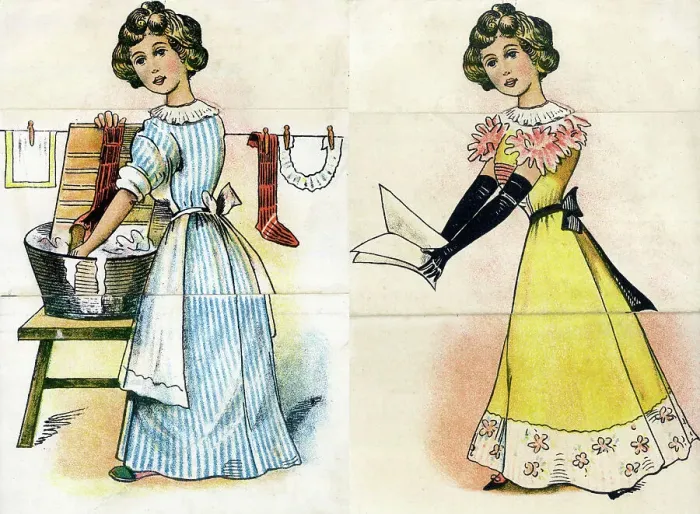 Framed Print : Upstairs Downstairs, maid doing laundry, lady singing Framed Print : Upstairs Downstairs, maid doing laundry, lady singing