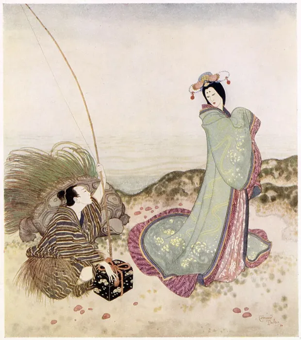 Framed Print : Urashima Taro, a Japanese fairy tale. Urashima was so enchanted that he could not speak a word. Urashima, the young fisherman, is captivated by the princess of the Dragon King of the Sea's palace. Illustration by Edmund Dulac. Date: 1916 Framed Print : Urashima Taro, a Japanese fairy tale. Urashima was so enchanted that he could not speak a word. Urashima, the young fisherman, is captivated by the princess of the Dragon King of the Sea's palace. Illustration by Edmund Dulac. Date: 1916